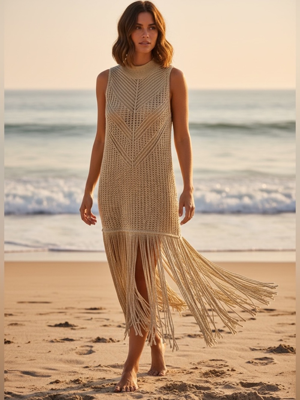 Zara NEW Long Knit Fringe Dress Tunic  Metallic Thread BLOGGER FAVE Size Medium